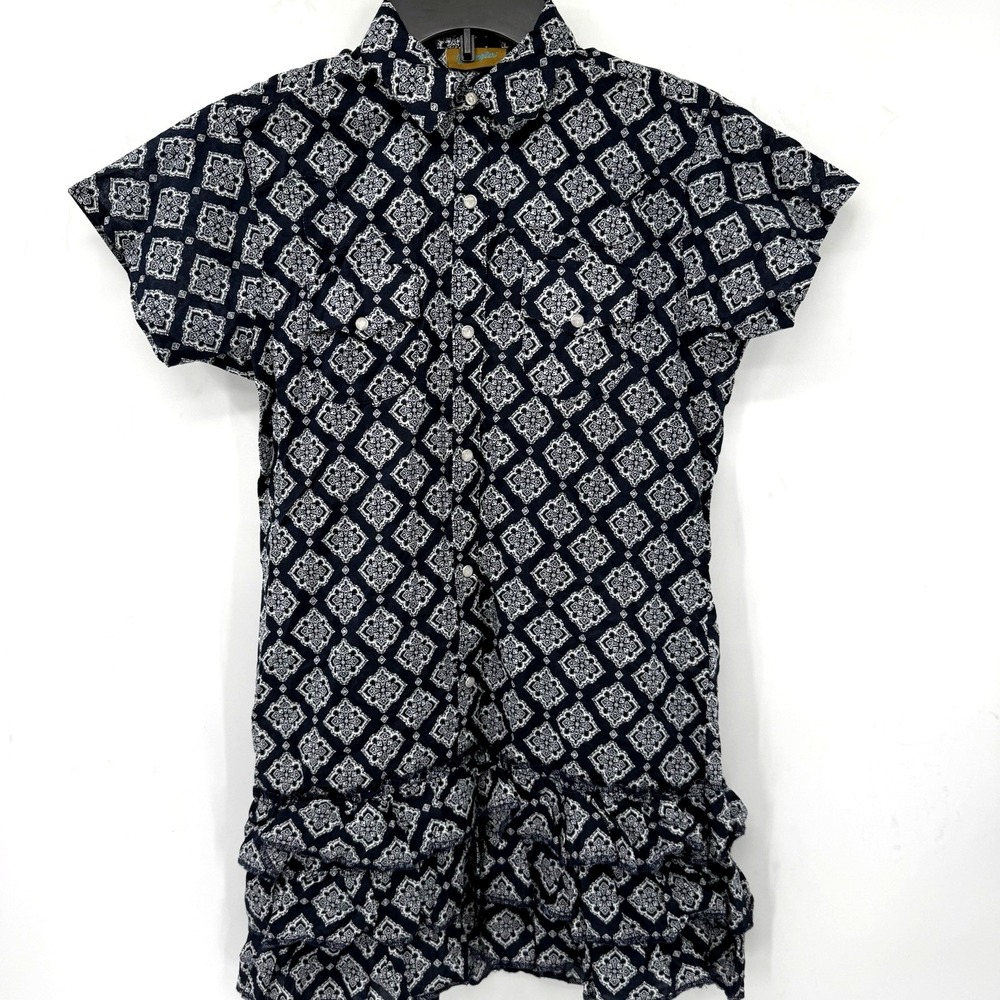 Wrangler Dress Womens XL Navy Blue Geometric Medallion Ruffle Hem GWD520M Cotton